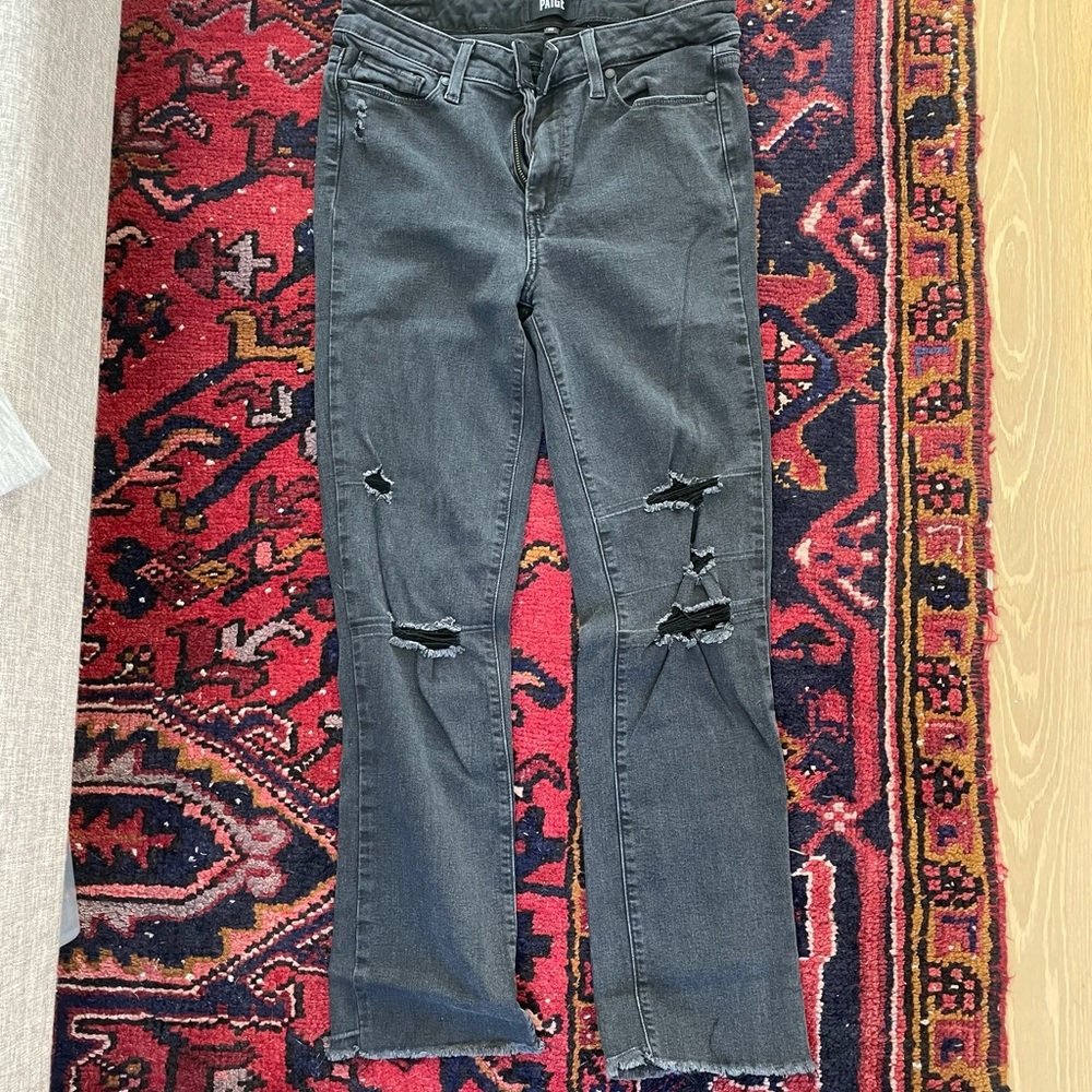 Paige crop denim with destroyed wear on leg